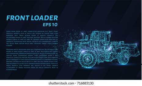 Front loader from the particles. Construction equipment is scattered on small molecules. Vector illustration.