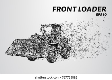 Front loader from the particles. Construction equipment is scattered on small molecules. Vector illustration