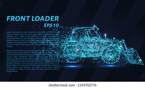 Front loader of particles on a dark background. The front loader consists of geometric shapes. Vector illustration