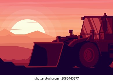 cargador delantero al atardecer con maquinaria pesada de construcción y minería