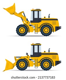 Front loader with two bucket positions - lowered and raised. Vector illustration for car motion animation. The concept of loading bulk materials into a vehicle.