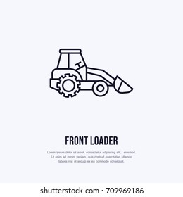 Front loader vector flat line icon. Transportation logo. Illustration of excavator, industrial equipment rent.