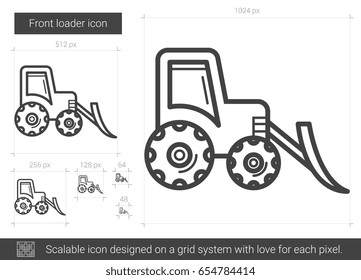 Front loader vector line icon isolated on white background. Front loader line icon for infographic, website or app. Scalable icon designed on a grid system.