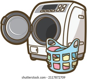 Lavadora del cargador delantero. Cesta de lavandería. Aparatos domésticos. Ilustración vectorial.