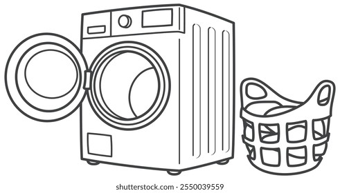 Front loader washing machine. Laundry basket. Home appliances. Vector illustration.