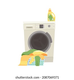 Front loading washing machine. The door is closed. Basket with dirty clothes. Liquid detergent bottle. Cartoon vector washer. The isolated object on a white background.