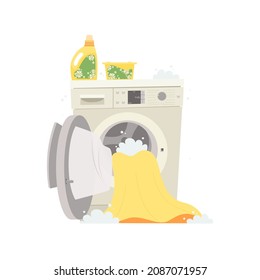 Front loading washing machine. Opened door. Washed linen. Detergent foam around. Cartoon vector washer.
