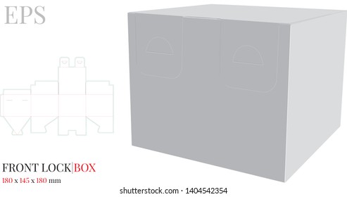 Front lock box template, Vector with die cut, laser cut layers. White, clear, blank, isolated Box mock up on white background. Self Lock Packaging design without glue, cut and fold 