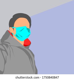 a front man wearing medical face protection masks for virus protection, urban air pollution, smoke, steam, pollutant gas emissions. Flat vector illustration in a minimal style.