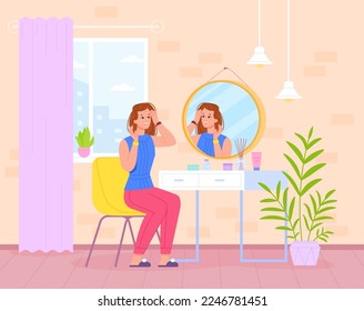 Front mirror skincare. Beautiful woman make skin care or doing makeup, girl clean washing face of moisture facial cream in home bathroom morning routine, swanky vector illustration of bathroom routine