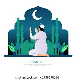 in front of mosque man praying to Allah, ramadan kareem, happy eid, illustration vector graphic islamic holy month of ramadhan. Perfect for concept of presentation, banner, cover and promotion