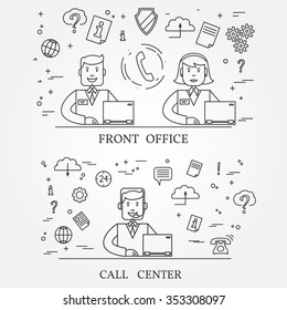 Front office and call center concept icon thin line for web and mobile, modern minimalistic flat design. Vector dark grey icon on light grey background. 