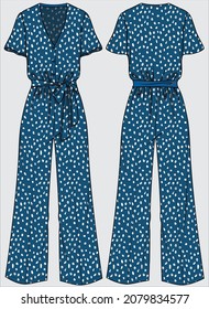 FRONT OPEN JUMPSUIT IN IRREGULAR POLKA DOT WITH SELF FABRIC IE UP FOR WOMEN AND TEEN GIRLS IN EDITABLE VECTOR FILE