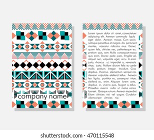 Front page and back page. Easy to use and edit.Vector Flyer. vector tribal texture.Vintage ethnic  backdrop. Boho stripes. 