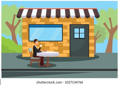 front page restaurant with buyers who eat, vector illustrations