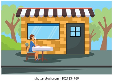 front page restaurant with buyers who eat, vector illustrations