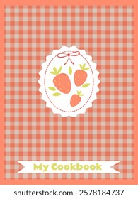 front page template for a recipe book with a checkered background and cute strawberries