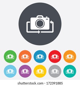 Front photo camera sign icon. Digital photo camera symbol. Change front to back. Round colourful 11 buttons. Vector
