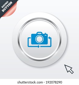 Front photo camera sign icon. Digital photo camera symbol. Change front to back. White button with metallic line. Modern UI website button with mouse cursor pointer. Vector