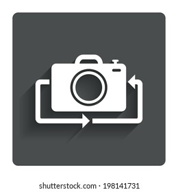 Front photo camera sign icon. Digital photo camera symbol. Change front to back. Gray flat button with shadow. Modern UI website navigation. Vector