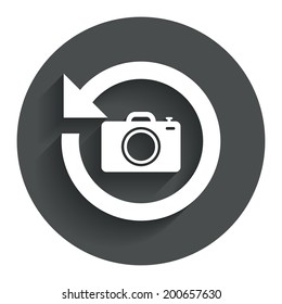 Front photo camera sign icon. Digital photo camera symbol. Change front to back. Circle flat button with shadow. Modern UI website navigation. Vector