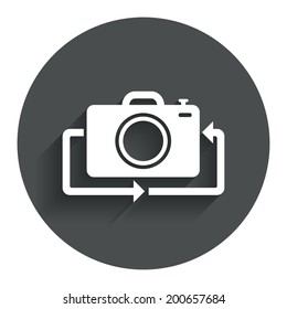 Front photo camera sign icon. Digital photo camera symbol. Change front to back. Circle flat button with shadow. Modern UI website navigation. Vector