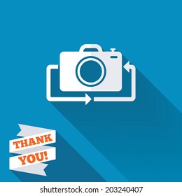 Front photo camera sign icon. Digital photo camera symbol. Change front to back. White flat icon with long shadow. Paper ribbon label with Thank you text. Vector