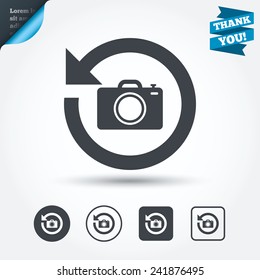 Front photo camera sign icon. Digital photo camera symbol. Change front to back. Circle and square buttons. Flat design set. Thank you ribbon. Vector