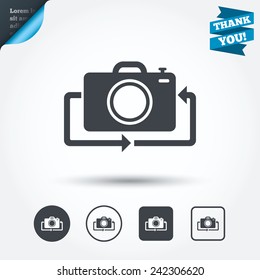 Front photo camera sign icon. Digital photo camera symbol. Change front to back. Circle and square buttons. Flat design set. Thank you ribbon. Vector