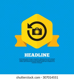 Front photo camera sign icon. Digital photo camera symbol. Change front to back. Yellow label tag. Circles seamless pattern on back. Vector