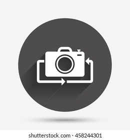 Front photo camera sign icon. Digital photo camera symbol. Change front to back. Circle flat button with shadow. Vector