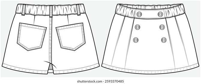 FRONT PLEATED BUTTONED DENIM SKORT WITH BACK PATCH POCKET DETAIL DESIGNED FOR TWEEN GIRLS KID GIRLS AND TEEN GIRLS IN VECTOR FILE.