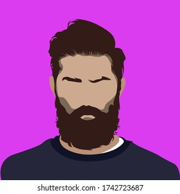 Vorderes Portrait eines bärtigen Mannes. Gesichtsloser Typ mit Bart. Avatar für soziale Netzwerke. Helle Vektorgrafik im flachen Stil.