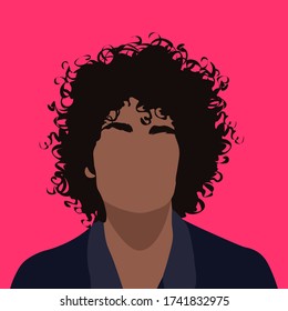 Retrato frontal de un hombre con pelo rizado. Joven sin rostro de pelo oscuro. Avatar para las redes sociales. Moda y belleza. Ilustración vectorial brillante en estilo plano.