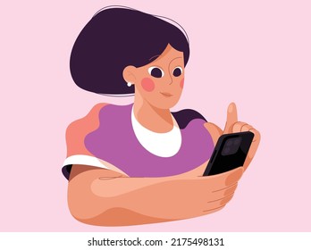 Front portrait of young smiling woman using mobile phone against pink backgroun.
