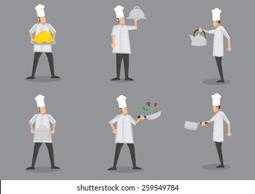 Front and profile side view of chef wearing white uniform and toque with different cooking equipment. Collection of vector cartoon characters isolated on grey background.