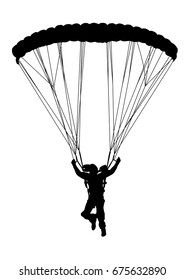 Front Profile Silhouette Of Sky Diver With Open Parachute Landing