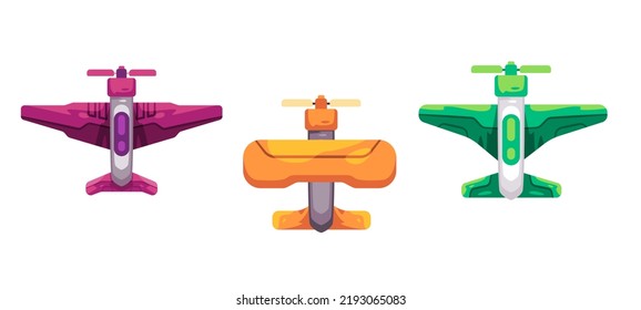 Front propeller airplane aircraft top view in colorful graphic game asset collection