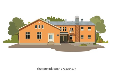 Concepto del edificio de la biblioteca pública frontal. Biblioteca, pública, ciudad natal. Ilustración plana del vector