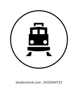 Front rail train icon, train, tram, tramway travel symbol icon in solid black flat shape glyph icon, isolated on white background