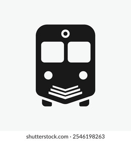 Front rail train icon, train, tram, tramway travel symbol icon in solid black flat shape glyph icon, isolated on white background