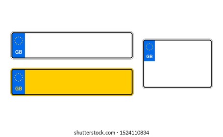 Front and rear British vehicle licence plates with EU marking. Vector illustration.