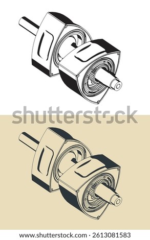 Front and rear rotors on eccentric shaft of a wankel rotary engine isometric illustrations