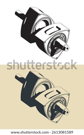 Front and rear rotors on eccentric shaft of a wankel rotary engine isometric illustrations