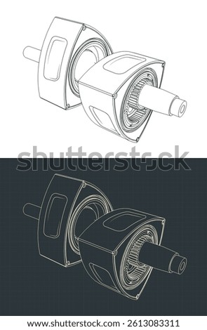 Front and rear rotors on eccentric shaft of a wankel rotary engine isometric blueprints