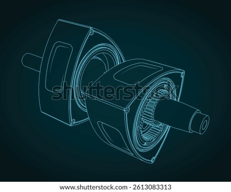 Front and rear rotors on eccentric shaft of a wankel rotary engine isometric blueprint