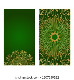 The Front And Rear Side. Mandala Design Elements. Wedding Invitation, Thank You Card, Save Card, Baby Shower. Vector Illustration. Green gold color.