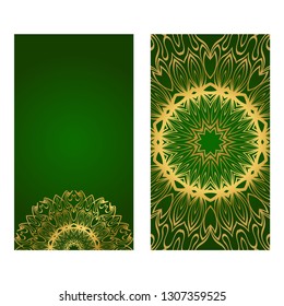 The Front And Rear Side. Mandala Design Elements. Wedding Invitation, Thank You Card, Save Card, Baby Shower. Vector Illustration. Green gold color.