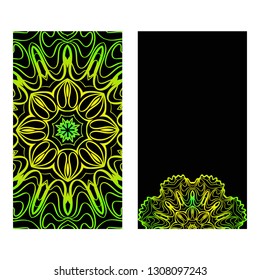 The Front And Rear Side. Mandala Design Elements. Wedding Invitation, Thank You Card, Save Card, Baby Shower. Vector Illustration. Black green color.