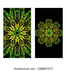 The Front And Rear Side. Mandala Design Elements. Wedding Invitation, Thank You Card, Save Card, Baby Shower. Vector Illustration. Black green color.